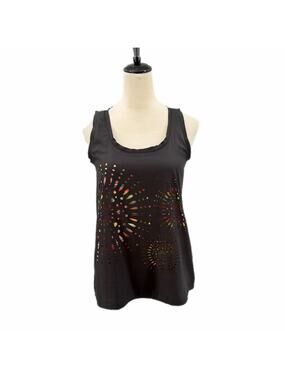 Desigual NEW Black Floral Firework Cutout Multicolor Stripe Sleeveless Tank Top